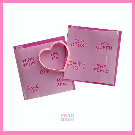 Cortador con stencil para galletas 3pzas  10cm 14x14 frases